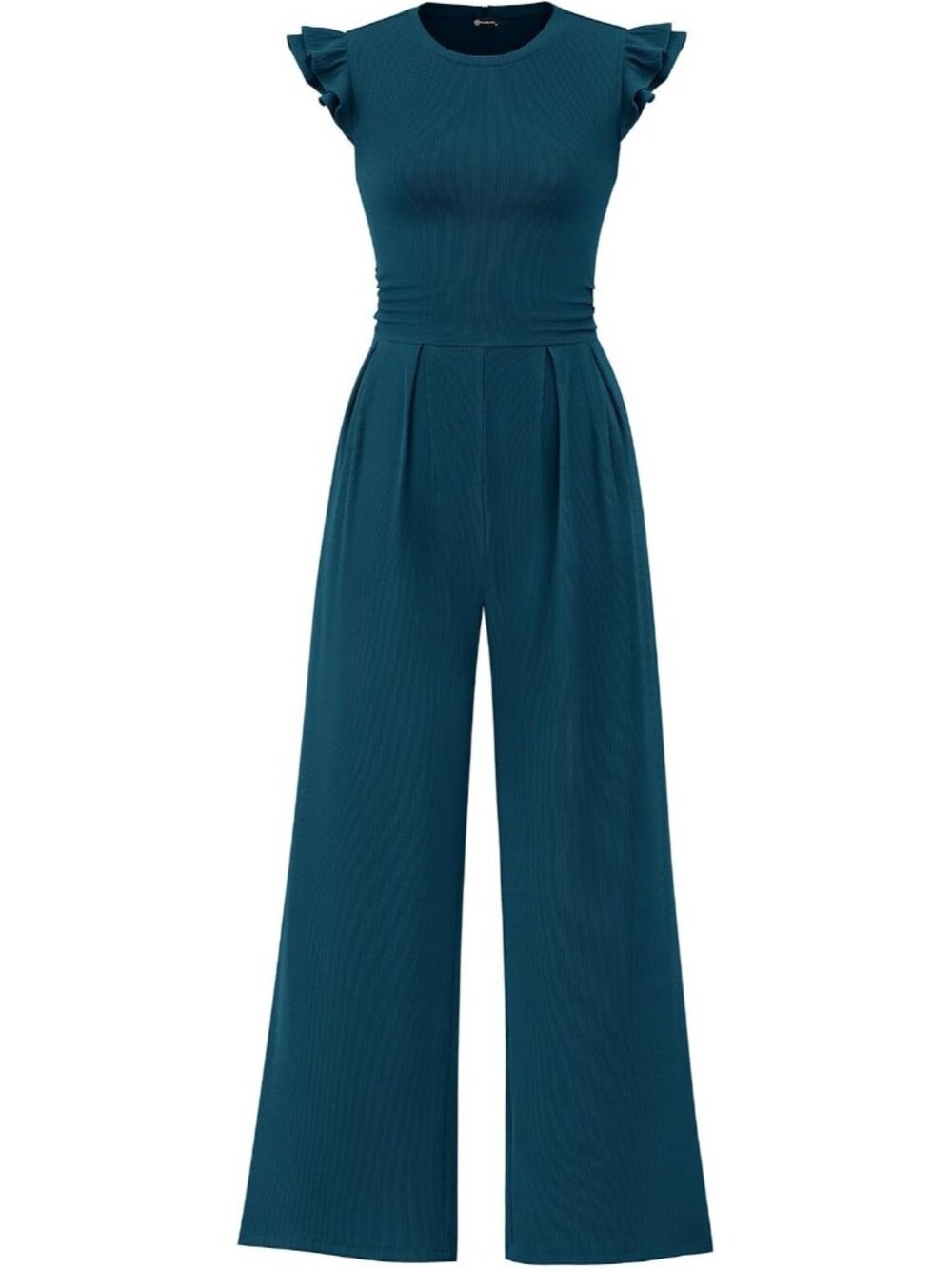Women's Lake Blue Crewneck Jumpsuits Cap Sleeve Ruffle Ribbed Wide Leg Romper